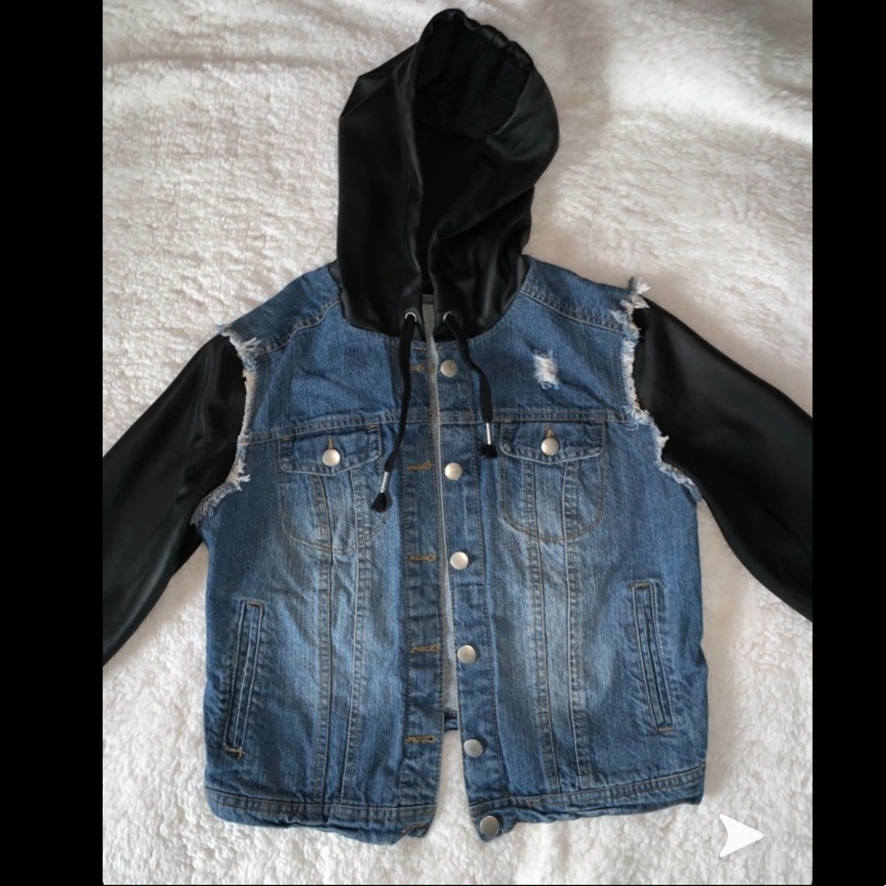 Jean Jacket with Black Leather Sleeves